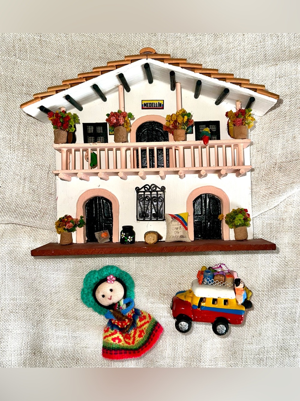 2000s Colombian Folk Art Miniature House Chiva Bus & Doll Set